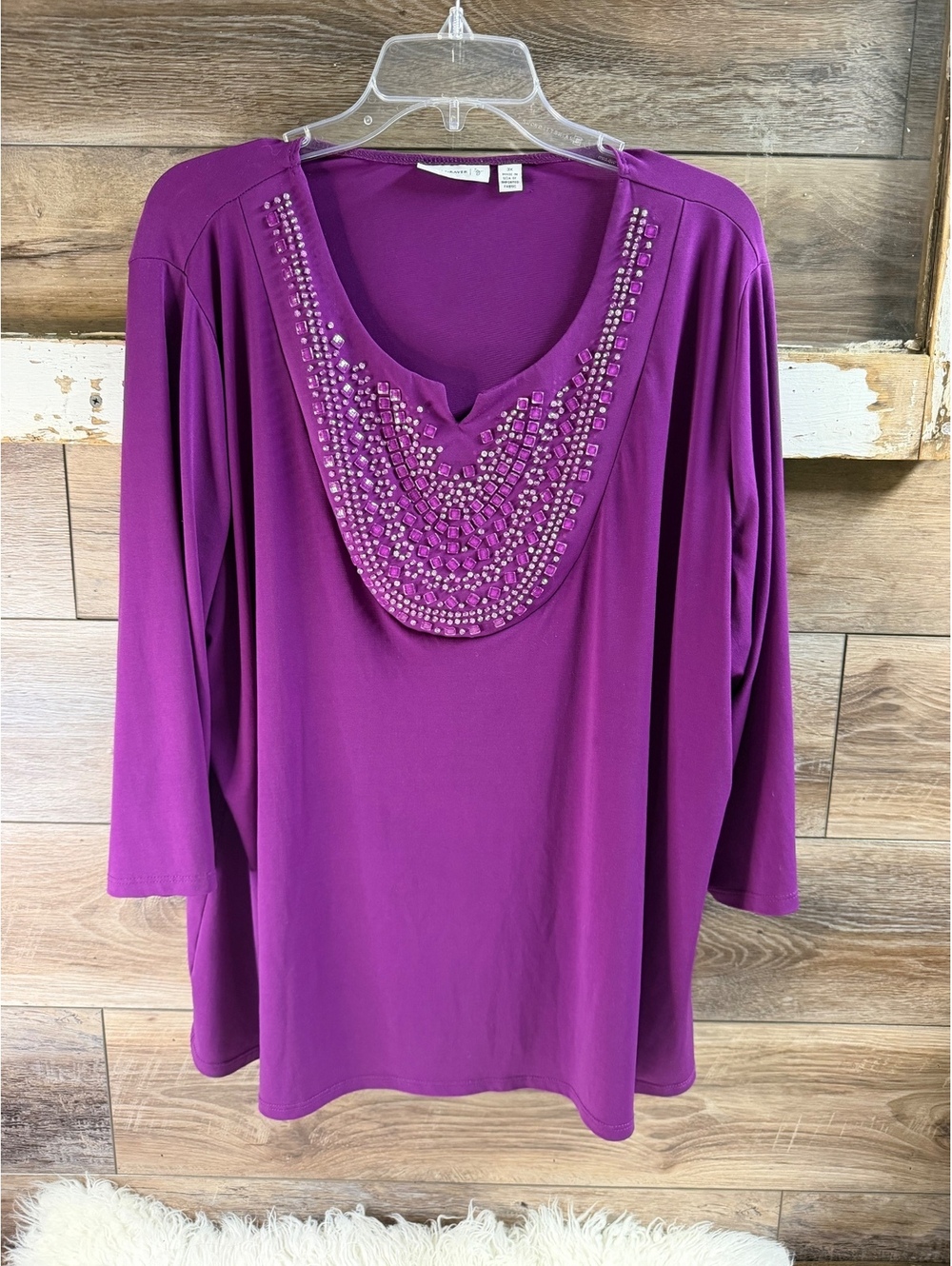 Susan Graver 3X Purple Rhinestone Embellished Tunic Top 3/4 Sleeve Plus Size USA
